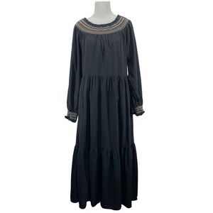 Universal Thread Size S Maxi Dress Black Smocked Embroidered Tiered Boho Peasant